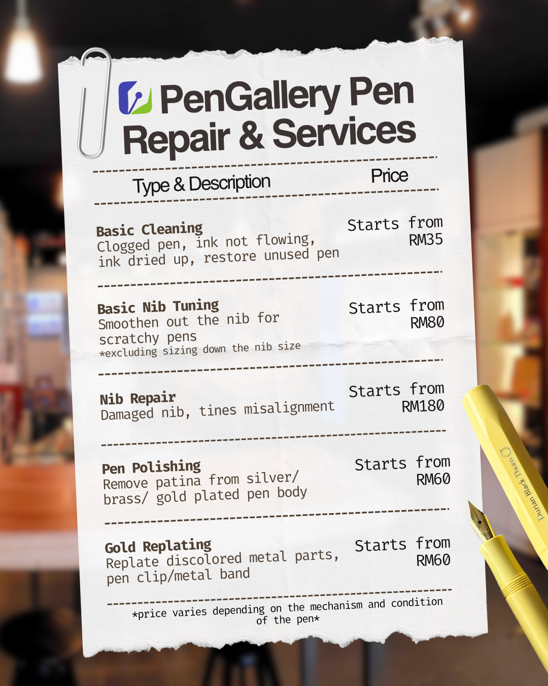 PenGallery Pen Repair & Services Price List